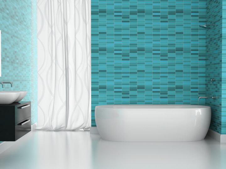 Interior of modern bathroom with blue tiles  wall